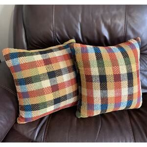 2 Vtg Retro Orange multi Plaid Throw Pillows 60s 70s Funky Mod boho rustic cabin